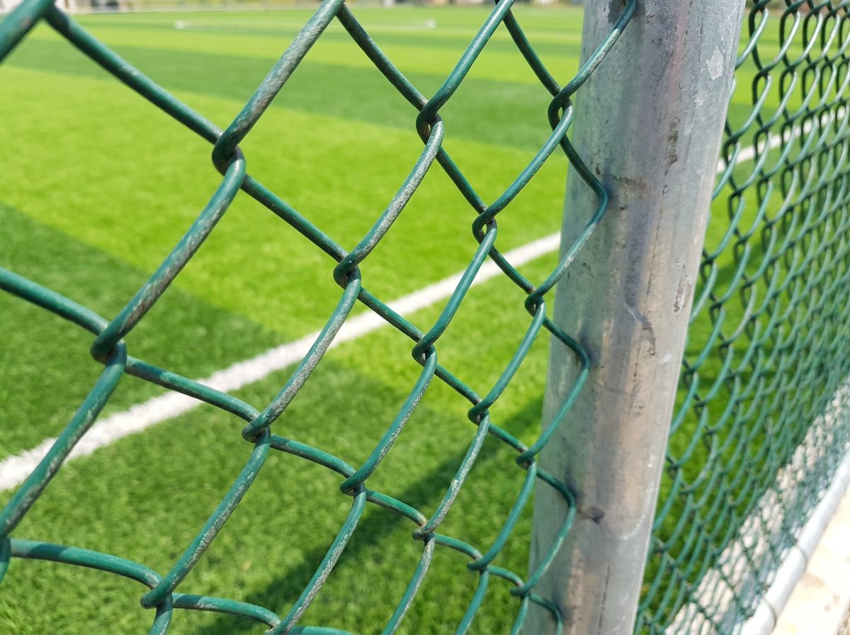 شبك ملاعب أخضر محيط بملعب عشب صناعي